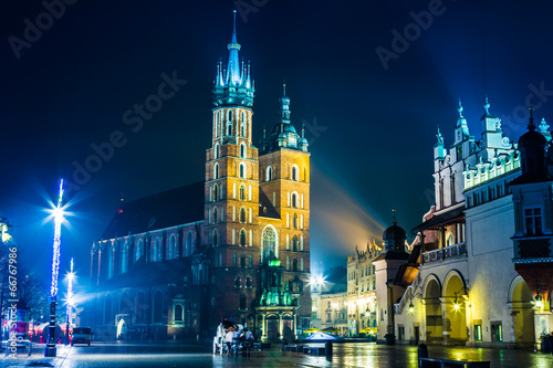 Poland, Krakow. Market Square at night.