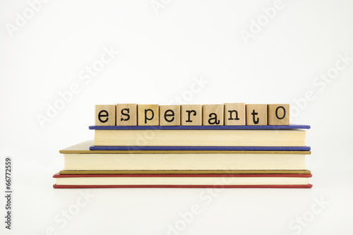esperanto language word on wood stamps and books