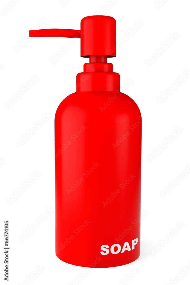 Red rubber bottle for liquid soap with dispenser pump