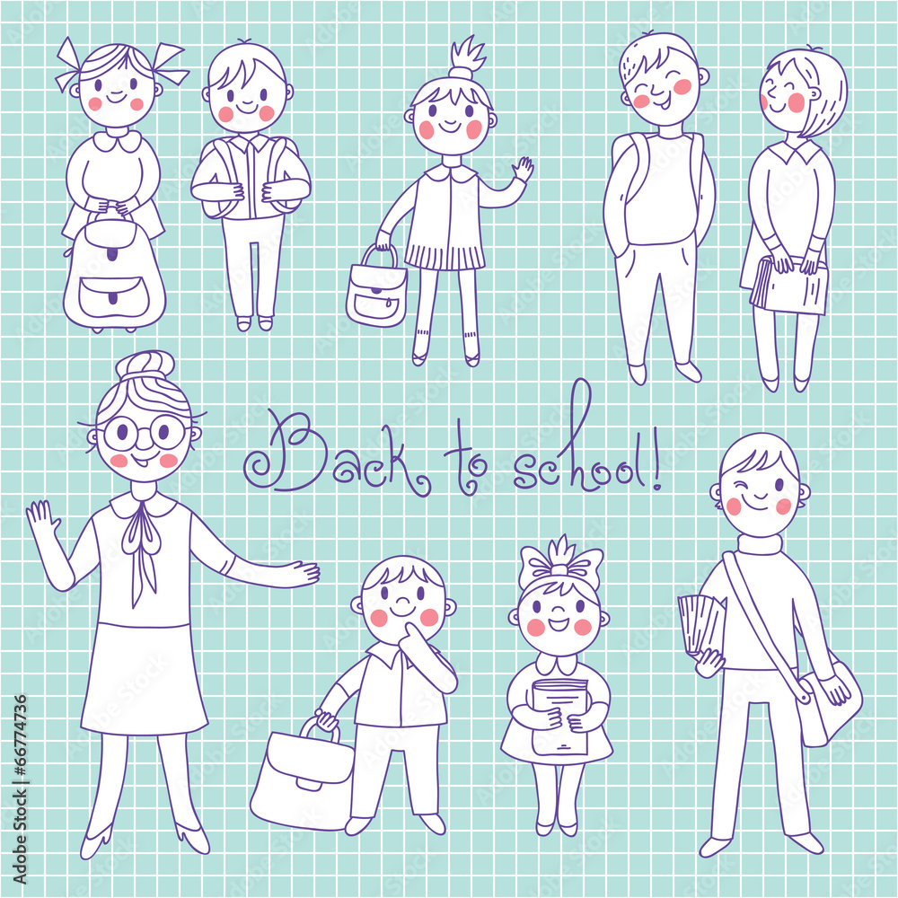 The teacher with the students. Back to school.