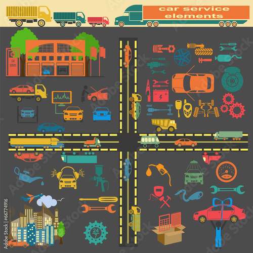 Set of auto repair service elements for creating your own infogr