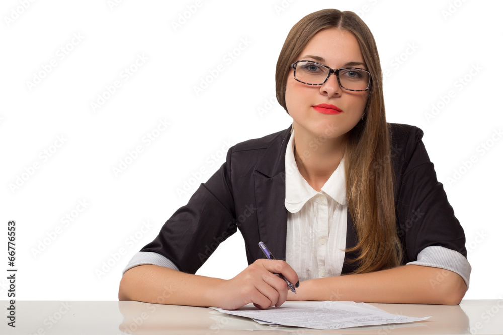 Happy businesswoman with pen and documents Happy businesswoman with pen and documents