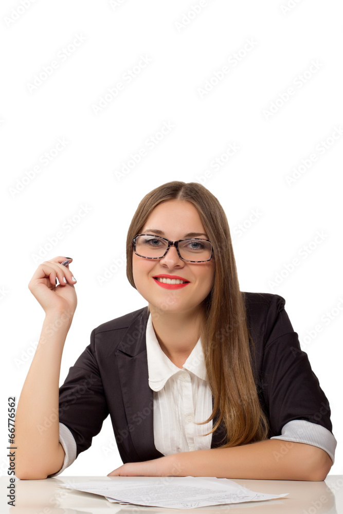 Happy businesswoman with pen and documents Happy businesswoman with pen and documents