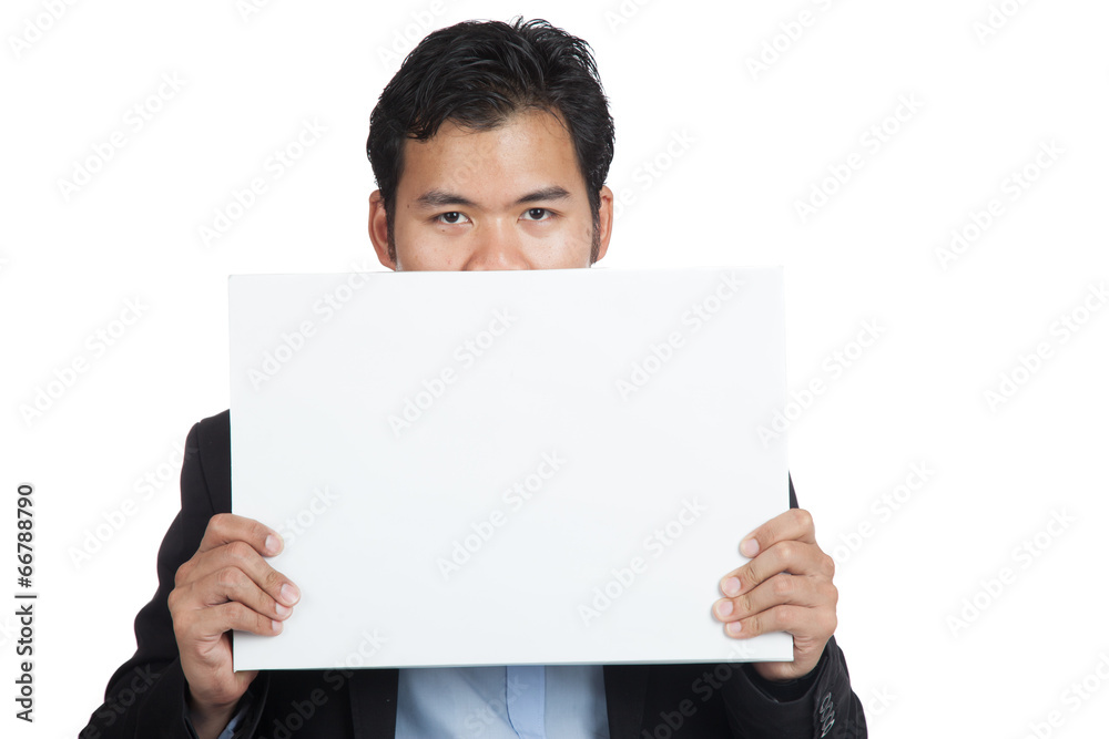 Asian businessman show blank sign close his mouth Asian businessman show blank sign close his mouth