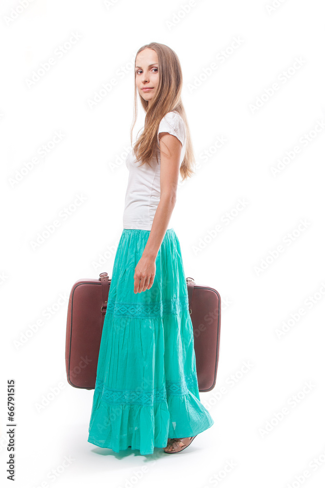 woman going with heavy suitcase, isolated on white woman going with heavy suitcase, isolated on white