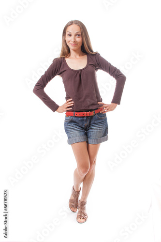 Beautiful woman in shorts, isolated on white