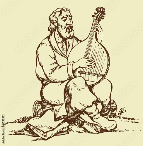 Vector drawing. Old Ukrainian musician plays the bandura