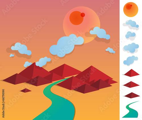 Illustration of geometric landscape with river betwen hills