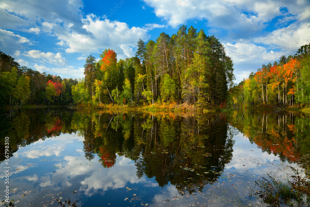 Island on the forest lake in autumn