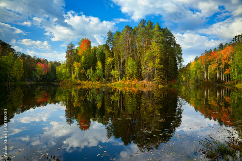 Island on the forest lake in autumn