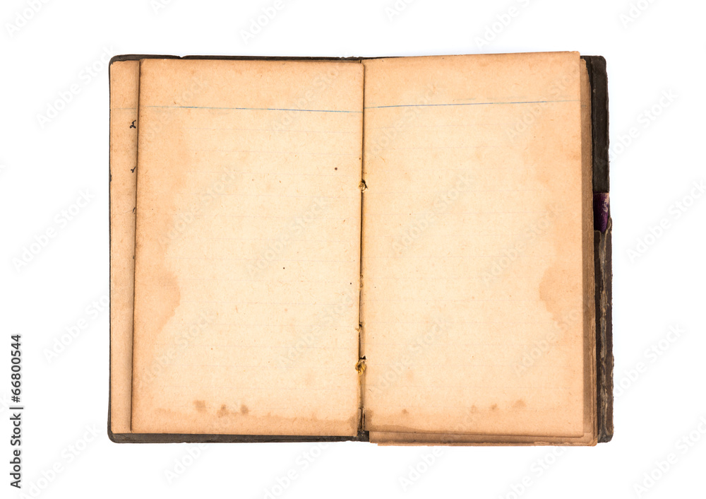 Open old book on white background