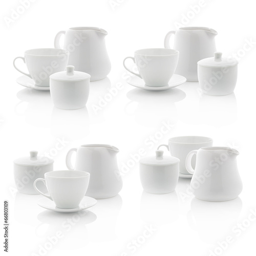 Fotografie White milk jug, sugar bowl and coffee cup (with PS paths)