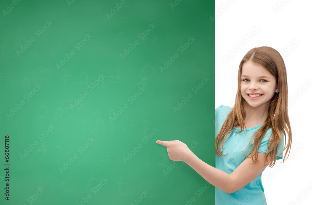 happy little girl with blank blackboard happy little girl with blank blackboard
