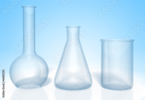 Set of glass flasks for chemistry experiments rendered in 3D