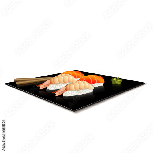 japanese cuisine: sushi on a plate with reflection