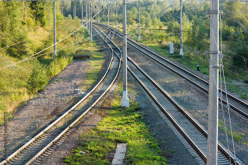 Railroad tracks in forest horizontal view