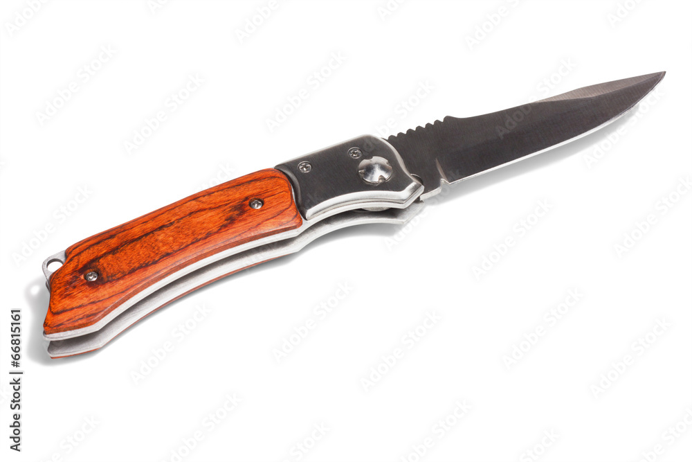 Iron pocket knife with wooden handle isolated on white Iron pocket knife with wooden handle isolated on white