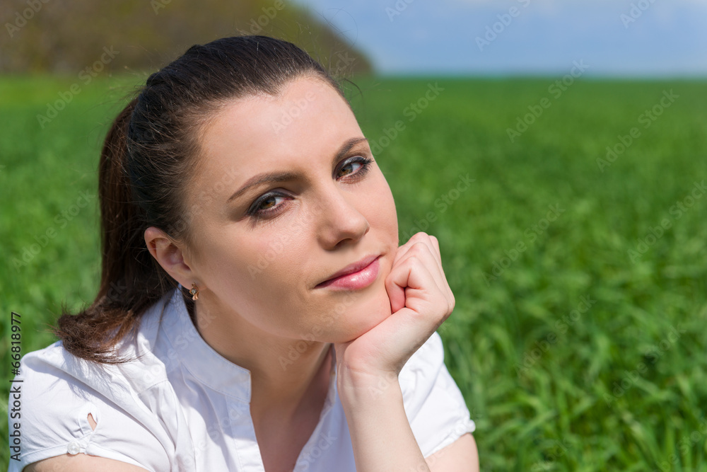 business woman relaxing on field business woman relaxing on field