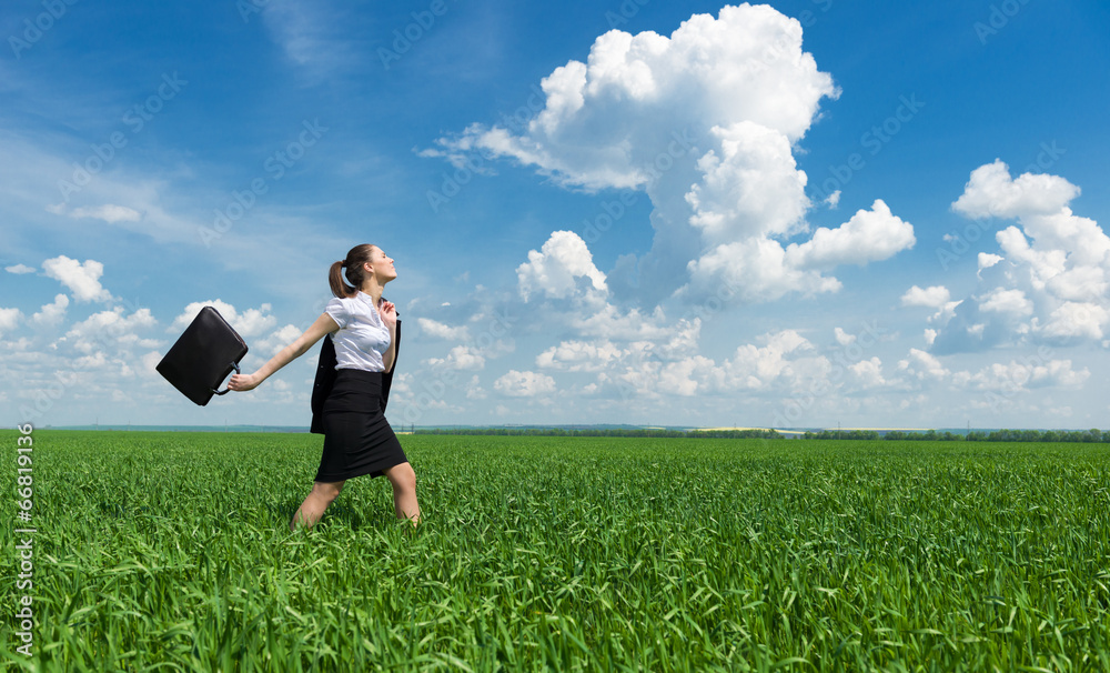 girl with a briefcase walking on the grass girl with a briefcase walking on the grass