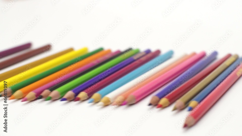 Throwing Color Pencils to white desk, from 3 angles shots Throwing Color Pencils to white desk, from 3 angles shots