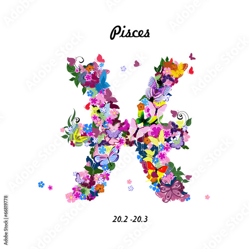 Pattern with butterflies, cute zodiac sign - pisces