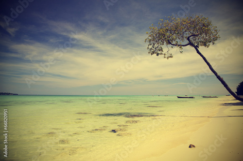 Beach with blue sky, vintage instagram retro style, Andaman Islands, India.