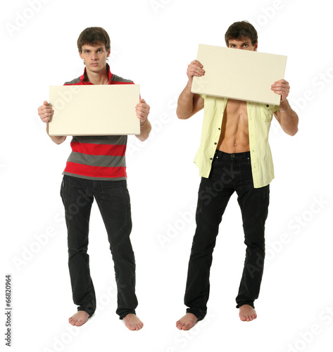 Two Young Sexy Men with Copy Space Blank SignY photo