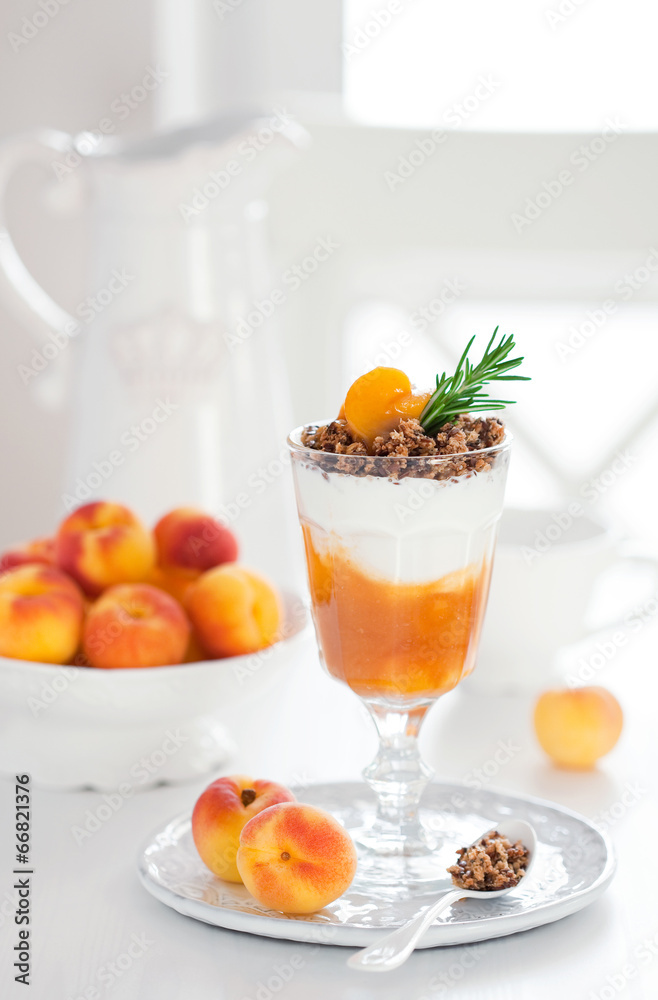 Yogurt with granola and apricots, selective focus Yogurt with granola and apricots, selective focus