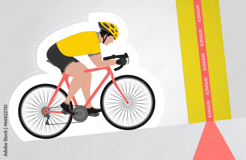 Fototapeta premium yellow dressed cyclist riding upwards to finish line