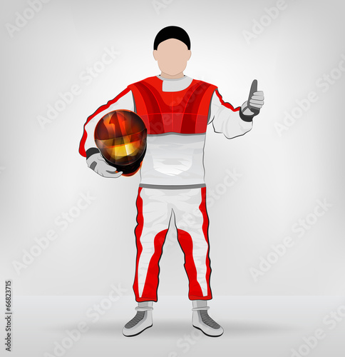 standing racer holding helmet with thumb up vector