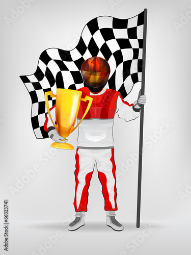 racer in red overall holding checked flag and cup with helmet