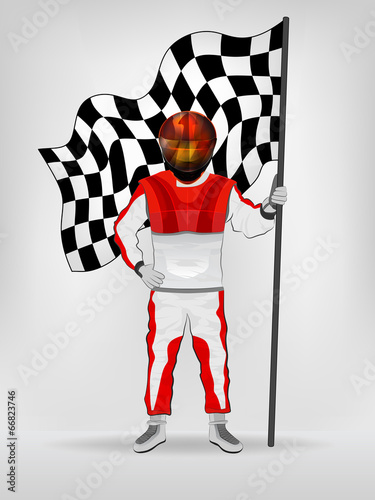 racer in red overall holding checked flag in helmet vector