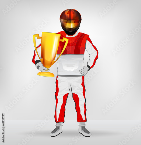 standing racer in helmet holding cup with hand on waist vector