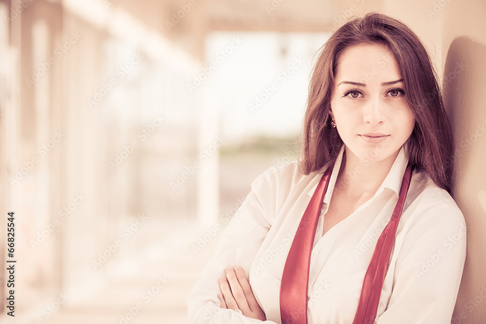 business woman portrait with red untided tie business woman portrait with red untided tie