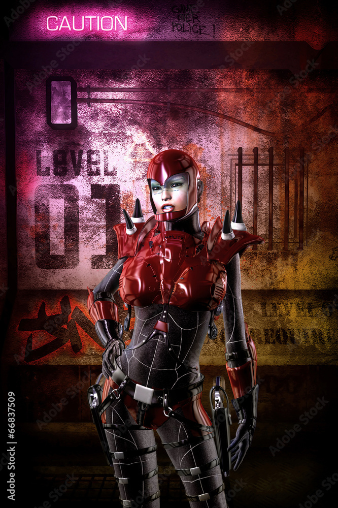 Fototapeta premium Futuristic cyberpunk soldier girl