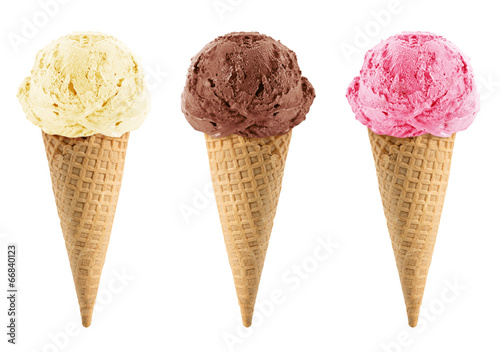 Fotografie, Obraz Chocolate, vanilla and strawberry Ice Cream