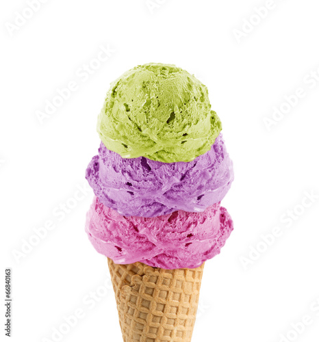 three Ice cream scoops in the cone photo