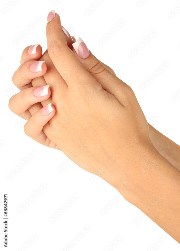 Beautiful woman's hands with french manicure on white Beautiful woman's hands with french manicure on white