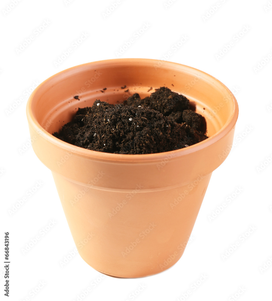 Clay flower pot with soil, isolated on white Clay flower pot with soil, isolated on white