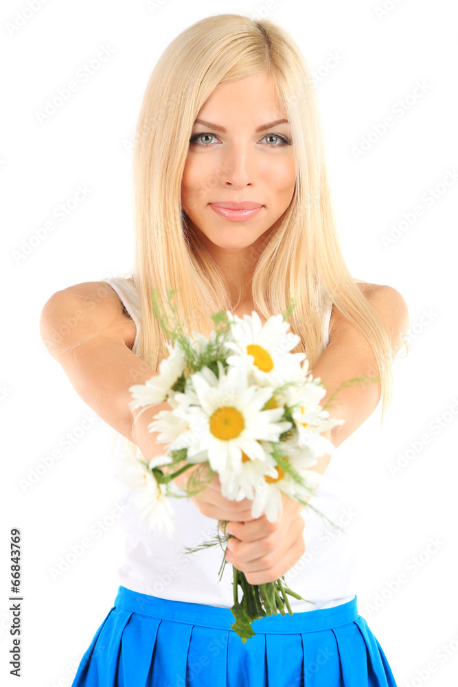 Young beautiful woman with flowers isolated on white Young beautiful woman with flowers isolated on white