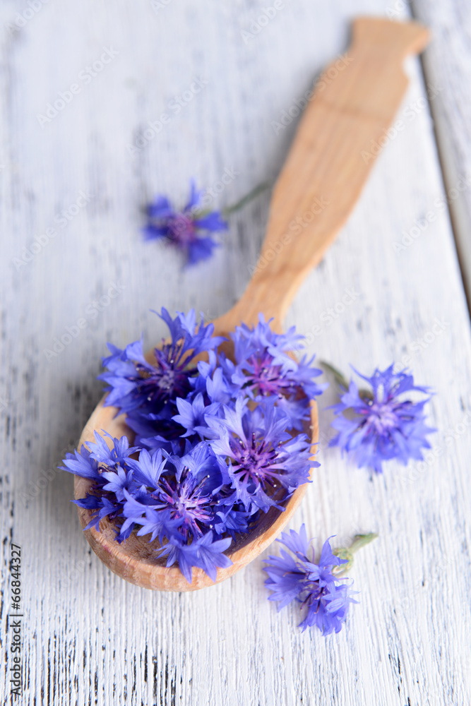 Cornflowers in wooden spoon on table close-up Cornflowers in wooden spoon on table close-up