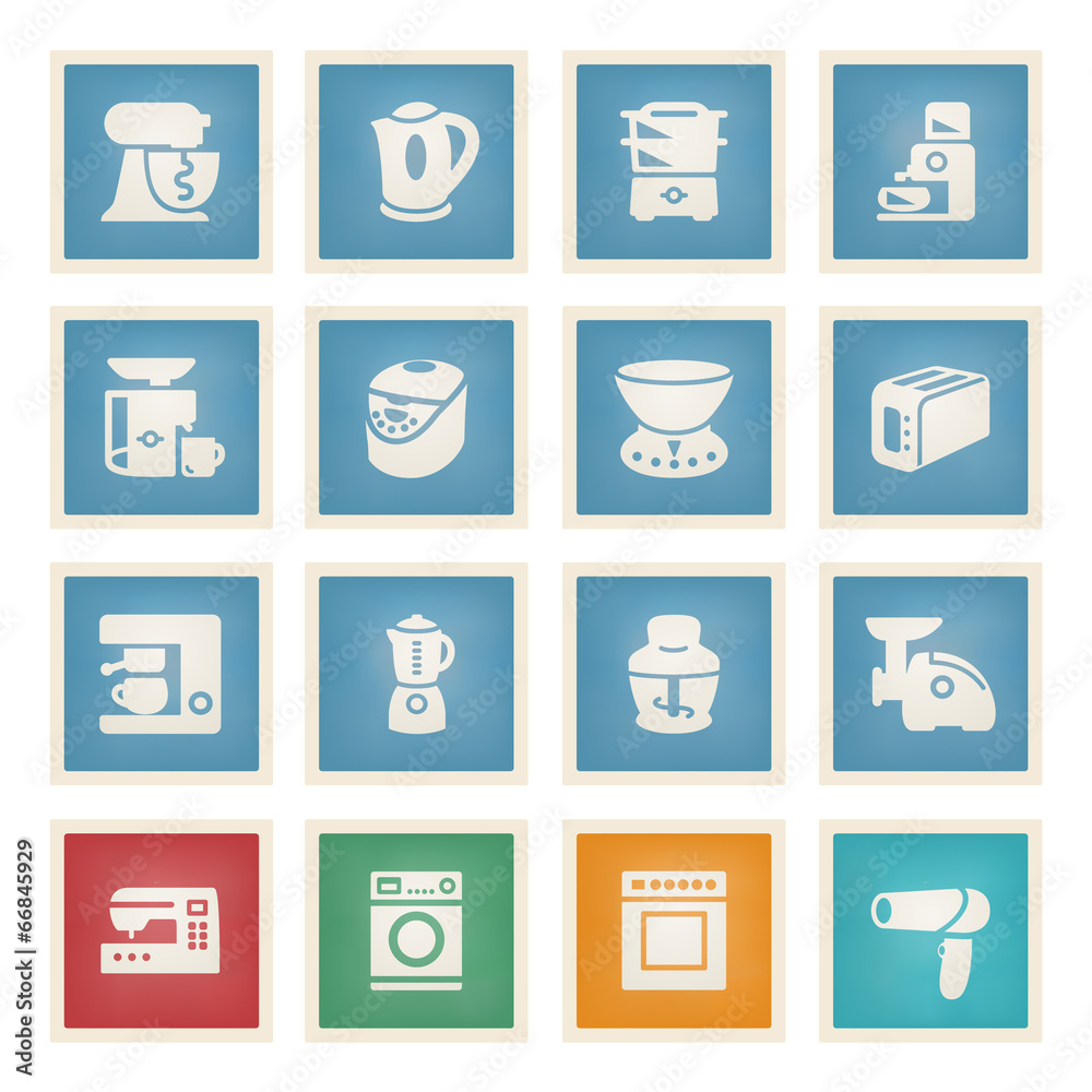 Home appliances white icons on color paper.