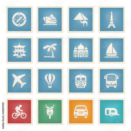 Travel white icons on color paper.