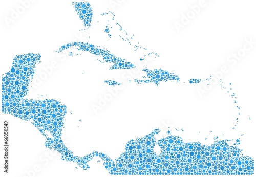 Decorative map of Caribbean Islands in a mosaic of blue bubbles