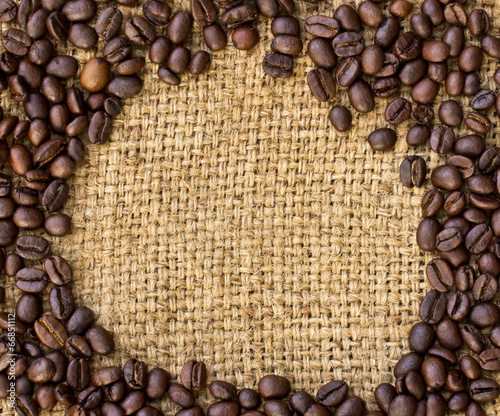 Coffee beans surrounding on burlap sack