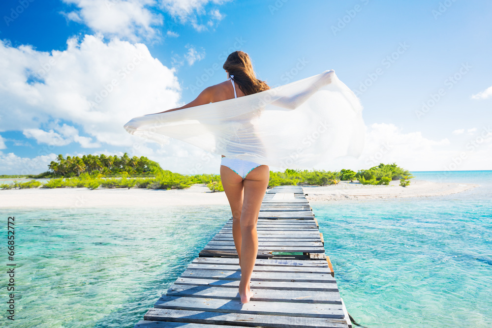 Woman Relaxing Tropical Island - obrazy, fototapety, plakaty 