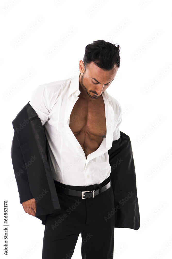 Businessman opening his shirt revealing muscular torso Stock Photo | Adobe  Stock