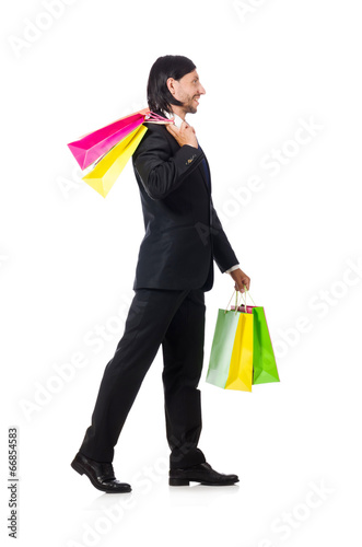 Man with shopping bags isolated on white
