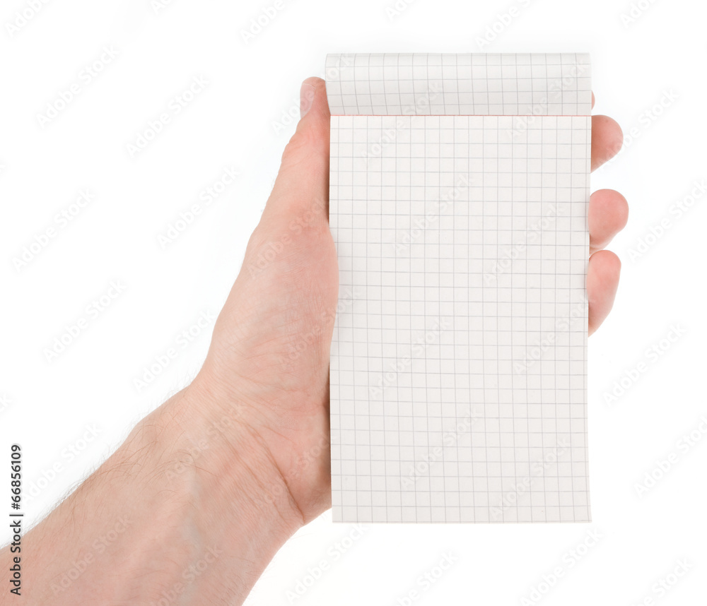 Hand holding empty notepad (notebook) isolated on white Hand holding empty notepad (notebook) isolated on white