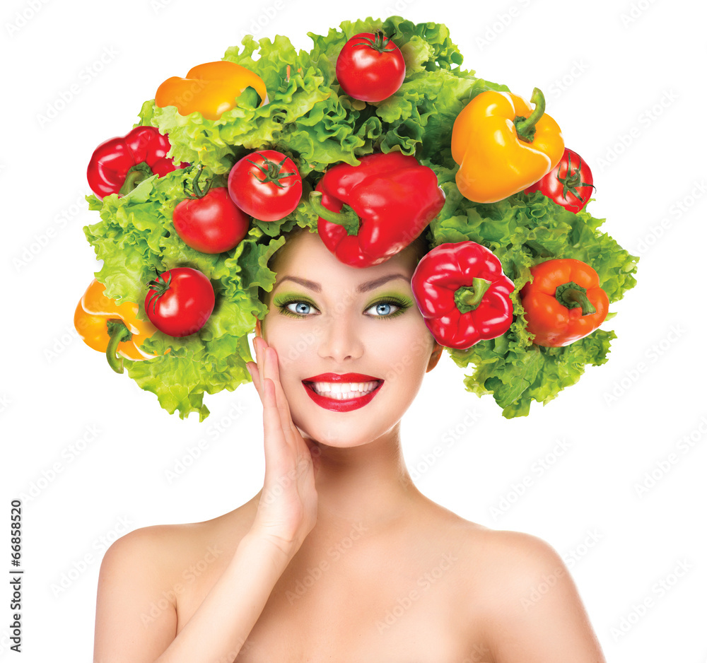 Beauty girl with vegetables hairstyle. Dieting concept Beauty girl with vegetables hairstyle. Dieting concept